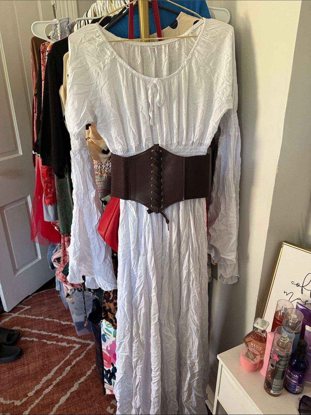 White Long-Sleeve Maxi Dressw/Brown Corset Belt: great for ren or pirate costume